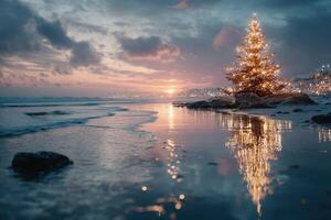 Winter sunset at the beach with a beautifully lit Christmas tree reflected in the water photo