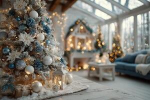 Christmas decorations in a cozy room with a blue and white theme and twinkling lights during winter photo