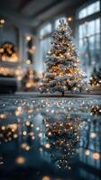 Cozy indoor space with a decorated Christmas tree and glowing lights reflecting on the floor photo