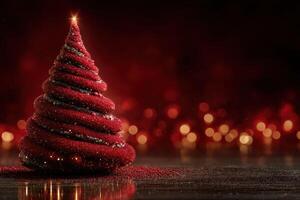Red glittery Christmas tree adorned with lights against a dark festive background photo