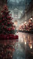 Christmas decorations illuminate a festive street in a historic city during a winter evening photo