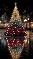 Sparkling Christmas tree illuminated by colorful lights in a festive city square at night rain reflecting the beauty photo