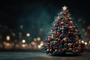 Christmas tree decorated with lights and ornaments glowing in a dark setting during the holiday season photo