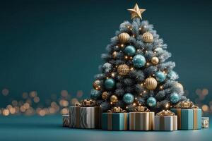 Decorative Christmas tree adorned with blue and gold ornaments and gifts in a cozy setting photo