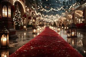 Festive pathway adorned with lanterns and twinkling lights during evening holiday celebration in a decorated venue photo