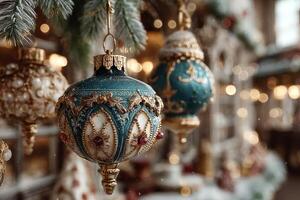 Discover beautiful festive ornaments hanging during winter celebrations in a cozy setting filled with twinkling lights photo