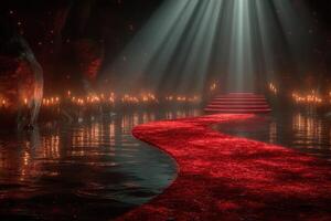 Mysterious red pathway leads to illuminated altar in dark cavern at night photo