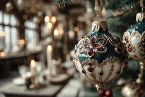 Festive ornament hanging on a Christmas tree in a cozy, decorated room with soft lighting during the holiday season photo
