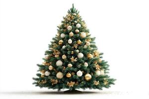 Beautifully decorated Christmas tree with gold and white ornaments in a bright setting for the holiday season photo