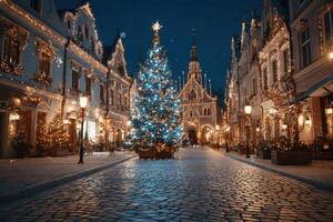 Charming winter evening in a decorated old town with a glowing Christmas tree photo