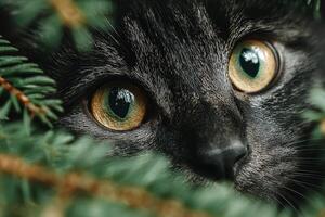 Black cat peeking through foliage on a sunny day in a garden photo