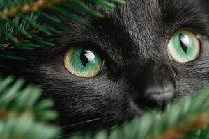 Black cat with striking green eyes peeking through green foliage in a natural setting photo