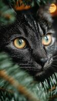 Curious black cat peeking through green foliage with striking golden eyes during a cozy indoor setting photo