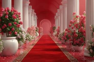 Beautiful floral pathway lined with columns and vibrant roses in a romantic setting for an elegant event photo