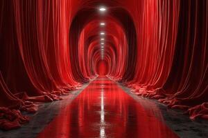 Dramatic red corridor with flowing drapes and reflective floor creates an eerie atmosphere for art installation photo