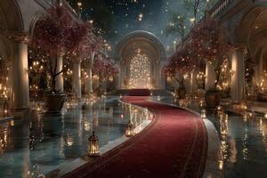 Elegant indoor garden with glowing lanterns and a vibrant pathway amidst serene reflections at nighttime photo
