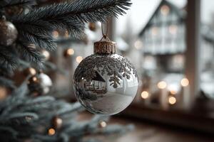 Christmas ornament reflects cozy home interior with twinkling lights and festive decorations photo