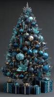 Elegant blue Christmas tree adorned with ornaments and present boxes in festive decoration photo
