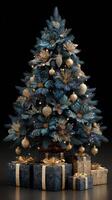Elegant blue and gold Christmas tree adorned with flowers and ornaments in a festive display photo