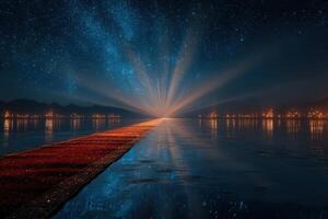 Vibrant light beams emerge from a distant horizon over serene waters at night in a tranquil setting photo