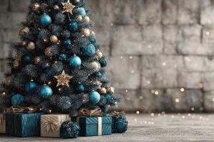 Decorative Christmas tree adorned with blue and gold ornaments surrounded by wrapped gifts in a cozy setting photo