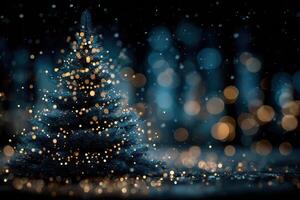 Sparkling Christmas tree illuminated with golden lights against a blurred festive background during winter evening celebration photo