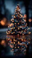 Brightly lit Christmas tree reflects in a puddle during winter evening in a festive atmosphere photo