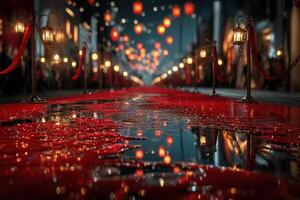 Festive street adorned with red lanterns and decorations during a nighttime celebration in an urban setting photo