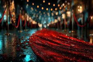 Elegant red carpet event in a city filled with festive lights during a starry night photo