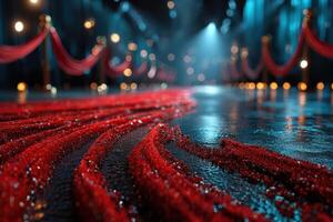 Red carpet event held in a lavish venue with decorative lights and plush ropes creating a stylish atmosphere photo