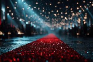 Glistening red carpet at a glamorous event under sparkling lights in an upscale venue photo