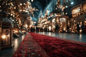 Festive street lined with glowing lanterns and Christmas trees at night photo