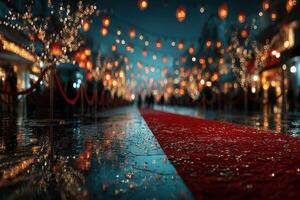 Elegant red carpet event illuminated by string lights and lanterns on a rainy evening in a festive city photo