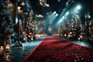 Glistening red carpet leading through a festive corridor adorned with twinkling lights and Christmas decorations photo