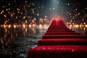Red carpet leading to a spotlight amidst shimmering lights creating a glamorous atmosphere for an event photo