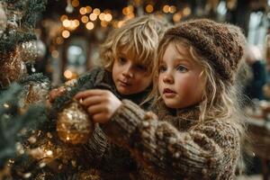 Children decorating a Christmas tree in a cozy, warmly lit room filled with holiday cheer photo