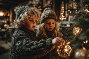 Children decorating a Christmas tree with warm lights and ornaments in a cozy setting during winter festivities photo
