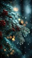 Close-up view of frosty pine branches with red cones glistening in falling snow during winter twilight photo