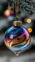 Decorative glass ornament hanging on a Christmas tree branch with colorful swirls and a blurred background photo