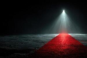 Dramatic lighting illuminates a red carpet leading into darkness during a mysterious event photo