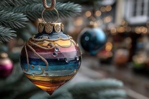 Colorful glass ornament hanging on a Christmas tree with festive decorations in a cozy outdoor setting during winter photo