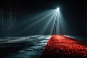 Dramatic lighting creates an inviting atmosphere over a red carpet in a dimly lit space photo