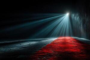 Light beams illuminate a red carpet in a darkened room creating an enchanting atmosphere in an artistic setting photo
