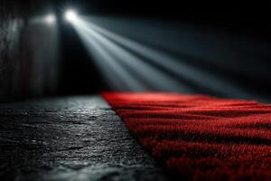 Red carpet illuminated by beams of light in a darkened room creates a dramatic entrance for an event or gathering photo