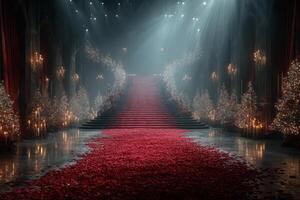 Elegant staircase adorned with rose petals and festive decorations in a grand hall photo