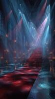 Majestic staircase illuminated by colorful lights in an enchanting hall during evening hours photo