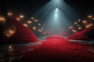 Elegant red carpet leading up to illuminated staircases in a grand hall at night during an enchanting event setup photo