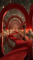 Elegant red pathway glimmers under a starry sky in a surreal architectural setting photo