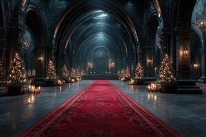 Gothic hall decorated with Christmas trees and candles during a festive evening photo