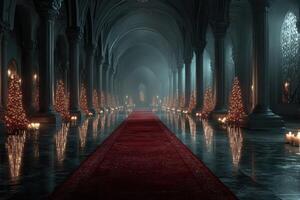 Elegant candlelit hall adorned with Christmas trees and rich red carpet during a festive evening celebration photo